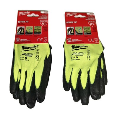 Two Pairs of Milwaukee Hi-Vis A1 Cut Level 1 Dipped Work Gloves - S M L XL & XXL-image