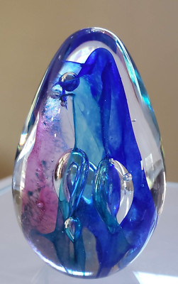 Glass Eye Studio Art Glass Egg Shaped Paper Weight Signed Dichroic Pink Blue-image