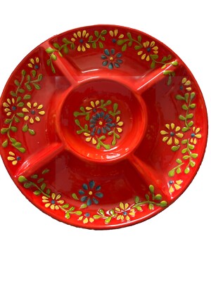 Pier 1 Red ceramic Flower Fiesta Style Chip & Dip Bowl Appetizer Tray Divided-image