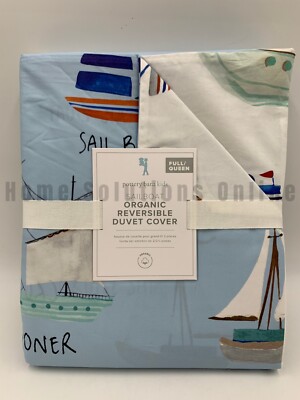 Pottery Barn Kids Sailboat Organic Reversible Duvet Cover Blue Full Queen #A1328-image
