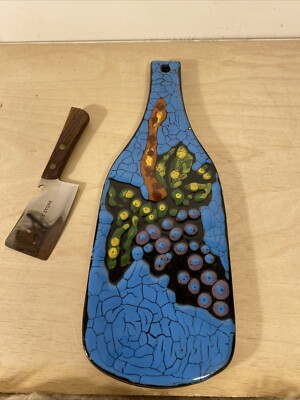 Studio Art Black Wine Bottle Shaped Cheese Board W Knife Grapes Wall Hanging 12”-image