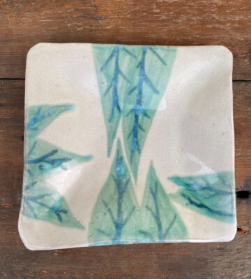 Square Studio Art Pottery Footed Dish with Leaves Jungle Art Ceramics Terracotta-image