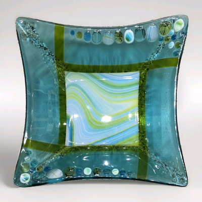 Large Art Glass Fused Platter Display Piece Blue Green Yellow Handmade 16