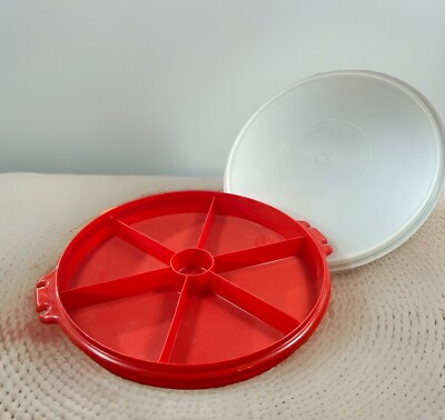 Vintage 12” Tupperware Red Veggie And Dip Tray With Lid but No Handle 6 Divider-image