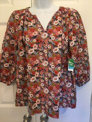 NWT DIP Sz L Linen Blend Peasant Top Retro Mini Floral Ruched Neckline Cute!-image