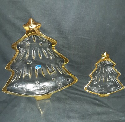 Vintage Christmas Tree Shaped Crystal Candy Dish Lot of 2 Studio Nova Gold Rim-image