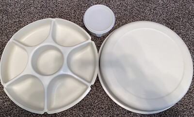Vintage-Tupperware Serving Center Tray 1665-1 With Lid 1666-1 & Dip Cup 1667-7-image