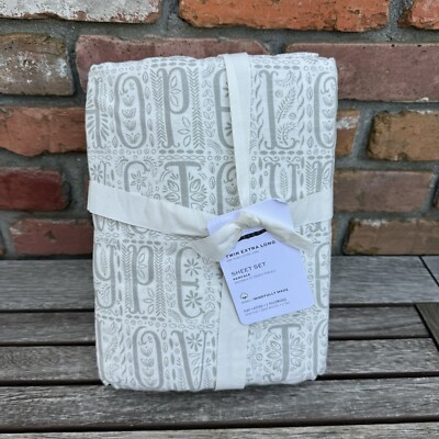 Pottery Barn Gray Peace On Earth Organic Cotton Sheet Set Twin XL Christmas NWT-image