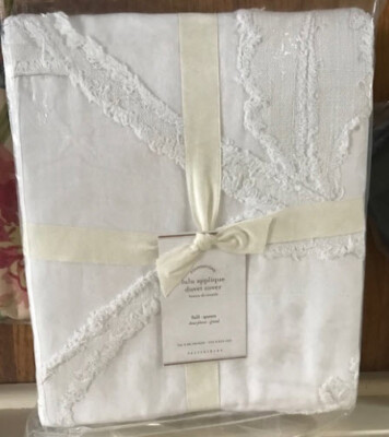 Pottery Barn Lulu Candlewick Duvet Cover White Queen No Shams Applique New🦩-image