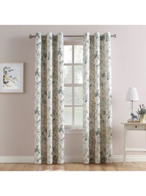 No. 918 Marra Floral Print Semi-Sheer Grommet Curtain Panel, 48 x 84, Harbor-image