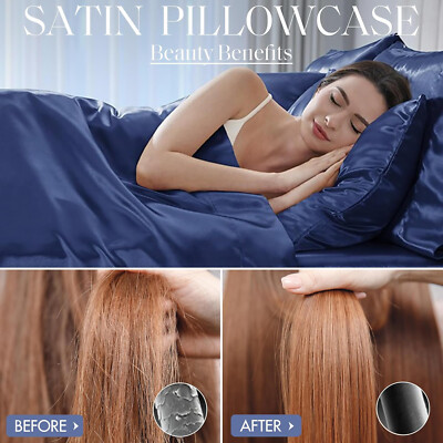 Madison Park Essentials Satin Pillowcase Machine Washable, Standard Navy- Queen-image