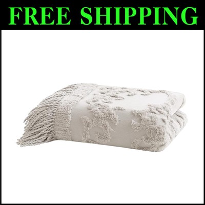 Elegant 100% Cotton Tufted Chenille Throw Blanket with Fringe Tassels, 50