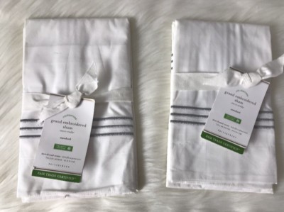 2 POTTERY BARN GRAND EMBROIDERED BLUE OPAL STANDARD SHAMS NWT-image