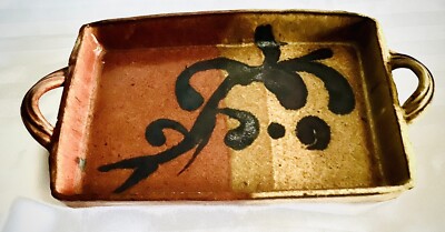 Handled Dish Signed Studio Art Pottery Handcrafted Natural Glazed Square 12.5x7-image