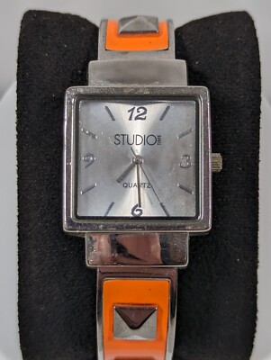 Studio Silver Tone Dial Square Case Orange Silver Tone Open Cuff Band Watch-image