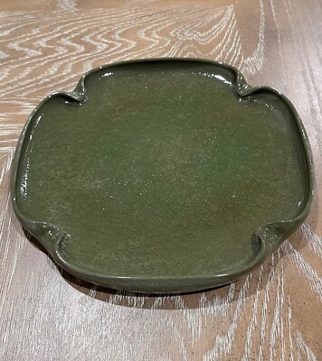 VTG Studio Art Pottery 4 Leaf Clover Shaped Plate Green Glazed Crackle Signed-image