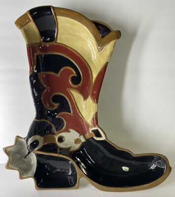 SONOMA HAPPY TRAILS CHIP/DIP SERVING TRAY WESTERN COWBOY BOOT PLATTER RED BLACK-image