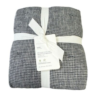 NWT Pottery Barn Belgian Flax Linen Waffle Weave King Shams Midnight Blue/Cream-image