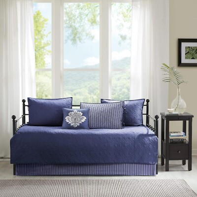 Madison Park Cotton Daybed Cover Set Quebec Navy 6 Piece NEW All Season Bedding-image