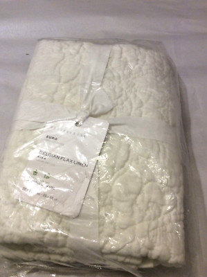 Pottery Barn Belgian Flax Linen Floral Stitch Euro Sham NWT! Classic Ivory-image