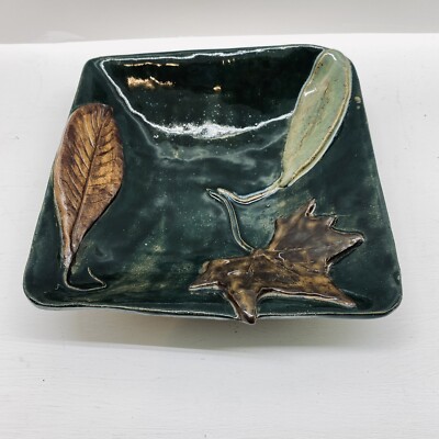 Studio Art pottery Console Bowl Raised Texture Leaves Earth Tone Signed-image