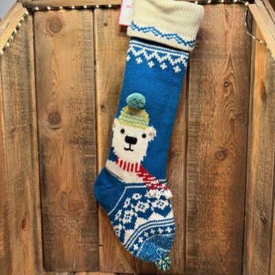 POTTERY BARN KIDS MERRY AND BRIGHT POLAR BEAR STOCKINåG ~ BLUE (NO MONOGRAM)-image