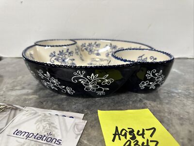 13.5”  Temptations Divided Platter W/Built-in Dip Bowls Server Blue Floral Lace-image