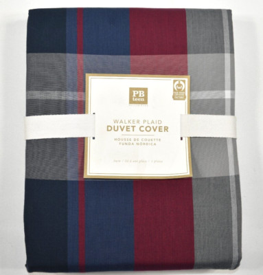Pottery Barn Teen Walker Plaid Twin Duvet Cover Navy Blue Red Gray NEW-image