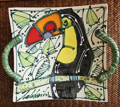 Rasa Saldaitis Art Studio Pottery Platter Wall Decor Toucan Bird Tropical -image