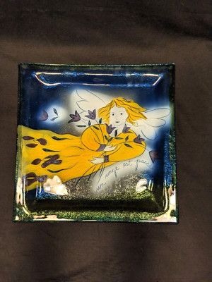 L'oiseau de bois Studio Art Fused Glass Square Dish Angel Serving Plate  11.75in-image