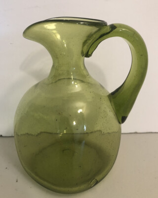 Studio Art Glass Hand Blown Green Square Small Pitcher Vase Applied Handle-image
