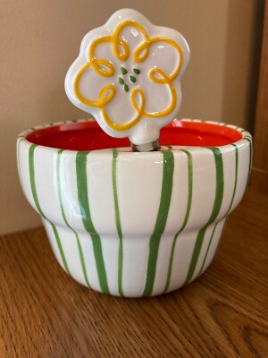 Dept 56 Green Striped Large Cheese/Dip Bowl w/Spreader -image
