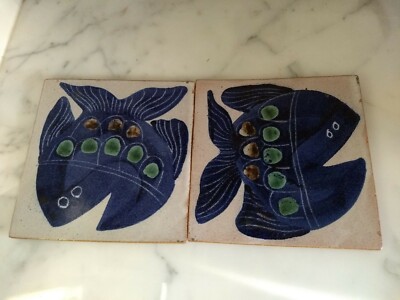 Set of 2 Signed Studio Art Ceramic Tile Fish 6.5