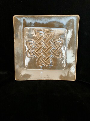 Celtic Knot Decoration Stoneware Studio Pottery 6.25” Square Dish. Unknown Mark.-image