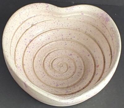 Studio Art Pottery Decorative Heart Shaped Bowl White & Purple 3 Tall × 6 Wide -image