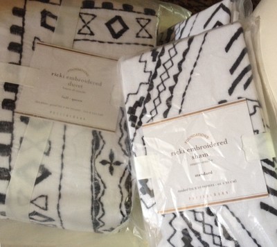 Pottery Barn Rickie Duvet Cover Black White Queen 2 Euro Sham Embroidered Star🦩-image