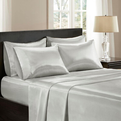 Madison Park Essentials Satin Sheet Set Luxury | King Size | Light Grey.-image