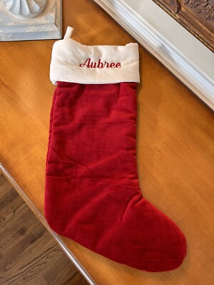 Pottery Barn Red Velvet Medium Christmas Stocking Mono “Aubree” NWOT Read-image
