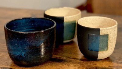 Studio Pottery Blue Bowls Handmade 3 Piece Unique Signed Geometric One Of A Kind-image