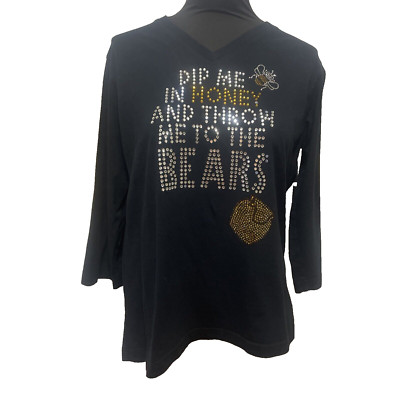 C/A/T Brand Women T-Shirt Black Beaded Bling Dip Me in Honey Cotton 3/4 Sleeve L-image