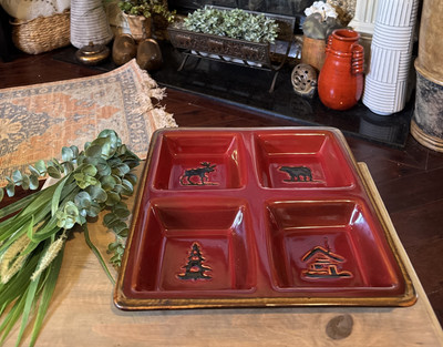 Home Studio Woodland Rustic Red Bear Moose Tree Divided 4-Part Square Platter-image