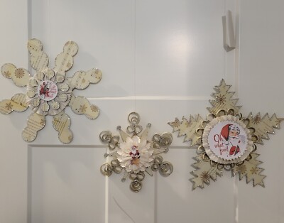 2013 Pottery Barn Kids Christmas Retro Nostalgic Santa Hanging Snowflakes 3pc. -image