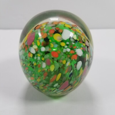 Studio Art Glass Multicolor Swirl Green Confetti Paperweight VTG Egg Shaped-image