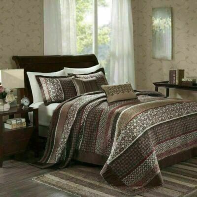 King Size Bedding Oversized Bedspread Set Brown Red Striped All Seasons Glam 5Pc-image