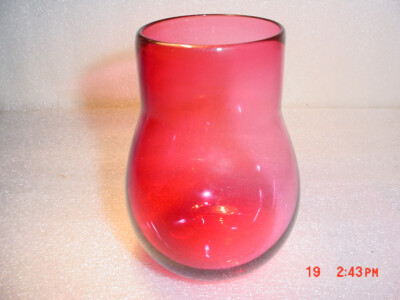 Studio Minimalist Thick Cranberry Art Glass Pear Shaped Vase Signed Lotta P 4.5