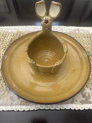 Rare Vintage John Nishio Clay Pottery Kangaroo Chip & Dip Serving Platter-image