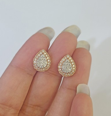 Real 10k Rose Gold Earrings Pear Shaped Diamond Screw-Back Women Men Studs-image