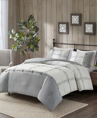 Madison Park Maxwell (Hunter) 3-Pc Full/Queen Duvet Set, Gray and White HTF-image
