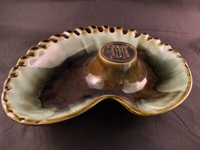 Large Ash Tray Kidney Shaped “M” Monogram Studio Pottery Art-image