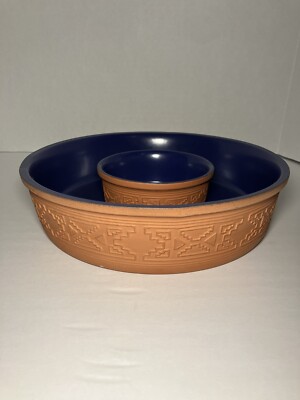 Terra Cotta Chip & Dip Set Arizona Decoration Blue Glaze Interior 11”-image